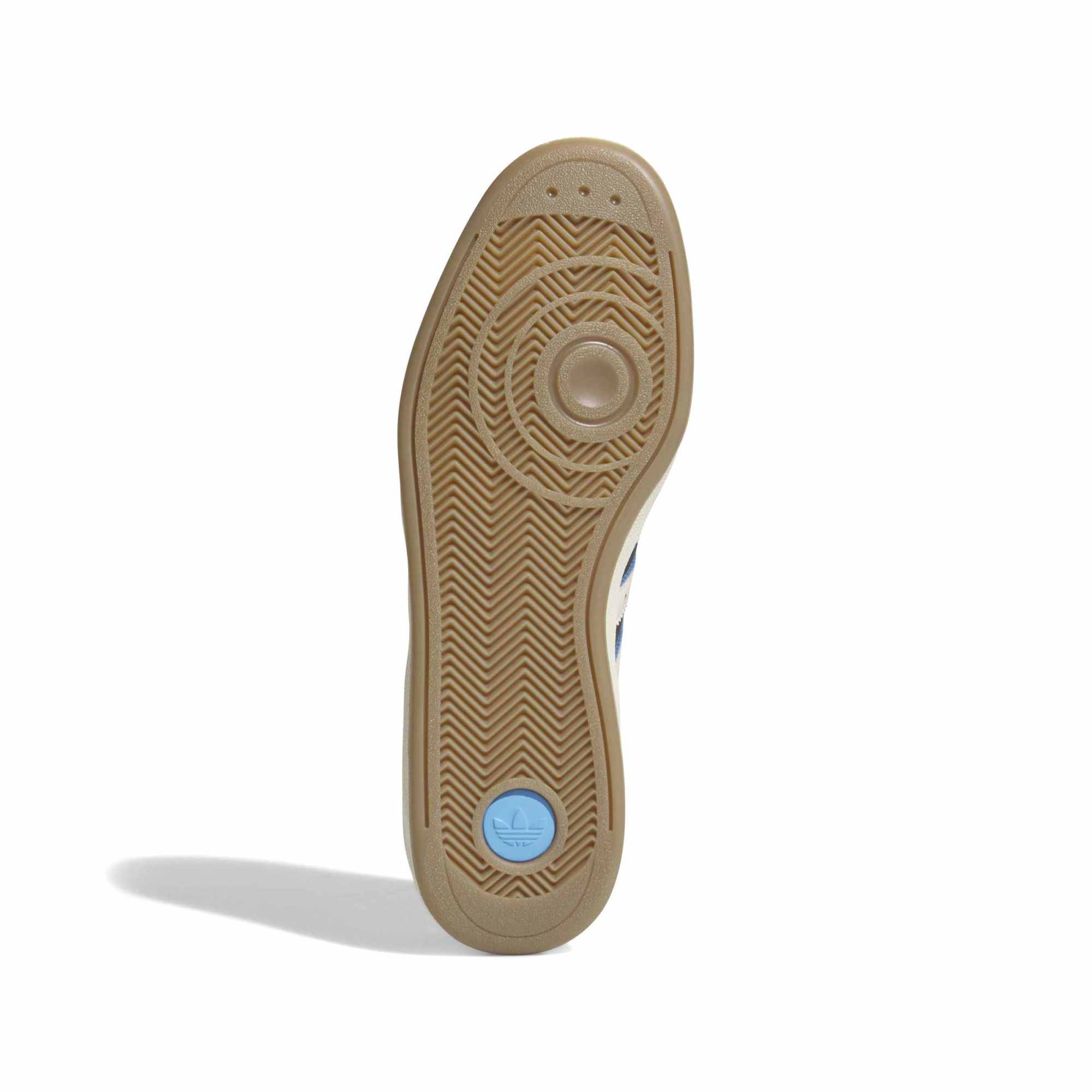 Gum herringbone outsole with a circular pivot point and a sky-blue adidas Trefoil heel medallion