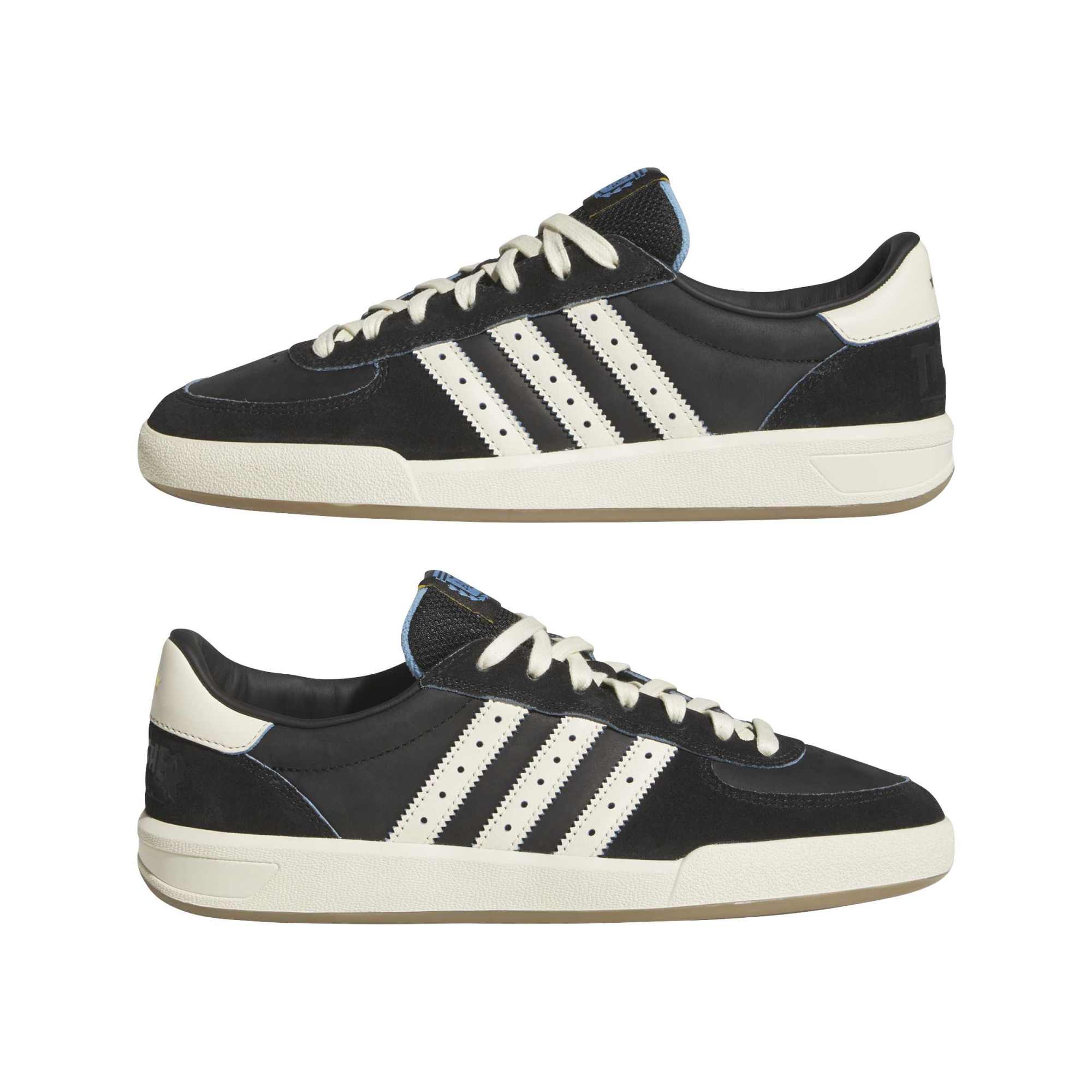 Pair of the Thrasher adidas Glenburn skate shoes shown from the lateral side in black with cream stripes