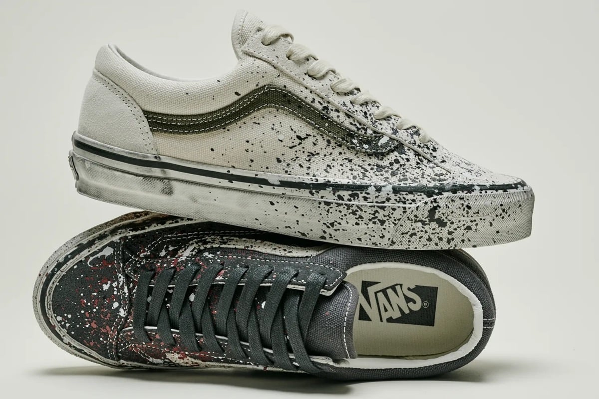 Stacked pairs showing the Vans sockliner branding inside the splatter-covered Old Skool 36
