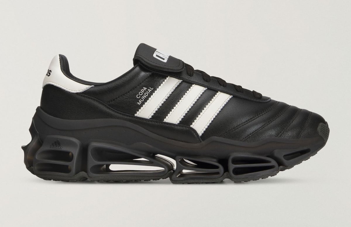 Lateral profile of the black leather adidas Copa Mundial Megaride with COPA MUNDIAL text and chunky sole