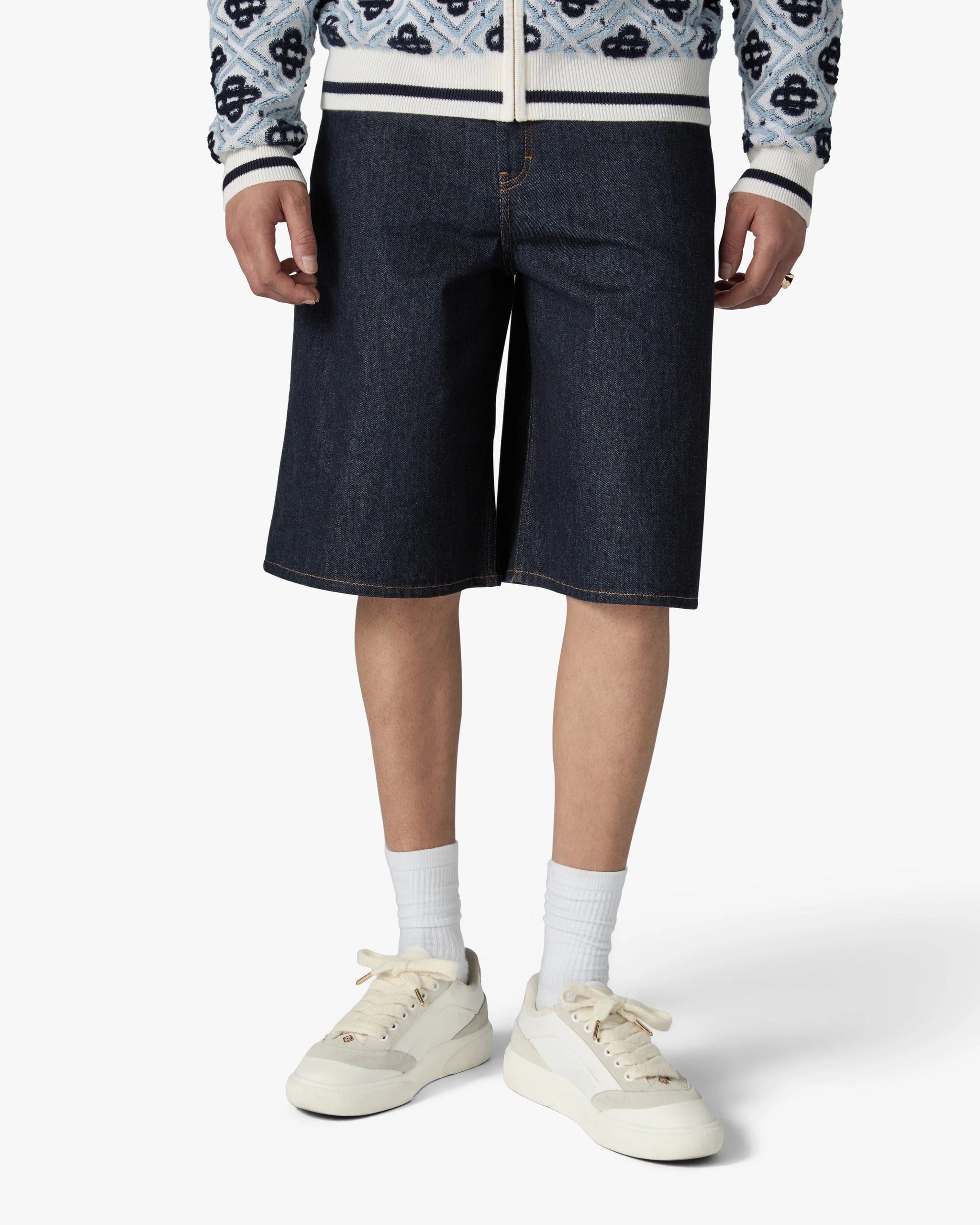 On-foot look at the off-white Casablanca Del Mar styled with denim shorts and white crew socks