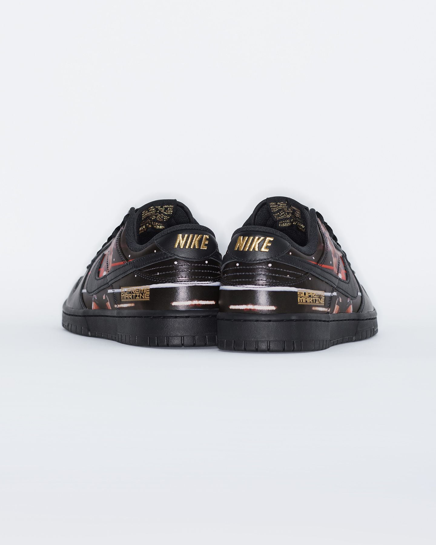 Supreme x Martine Rose x Nike Dunk Low “Mike Tyson”, heels with gold Nike logos, official Supreme image