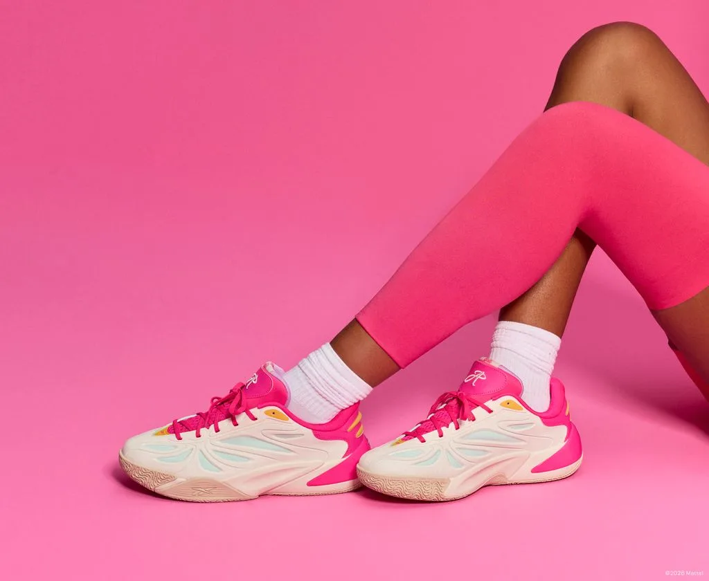 On-foot look at the Angel Reese 1 'Barbie' paired with pink Barbie leggings and white socks