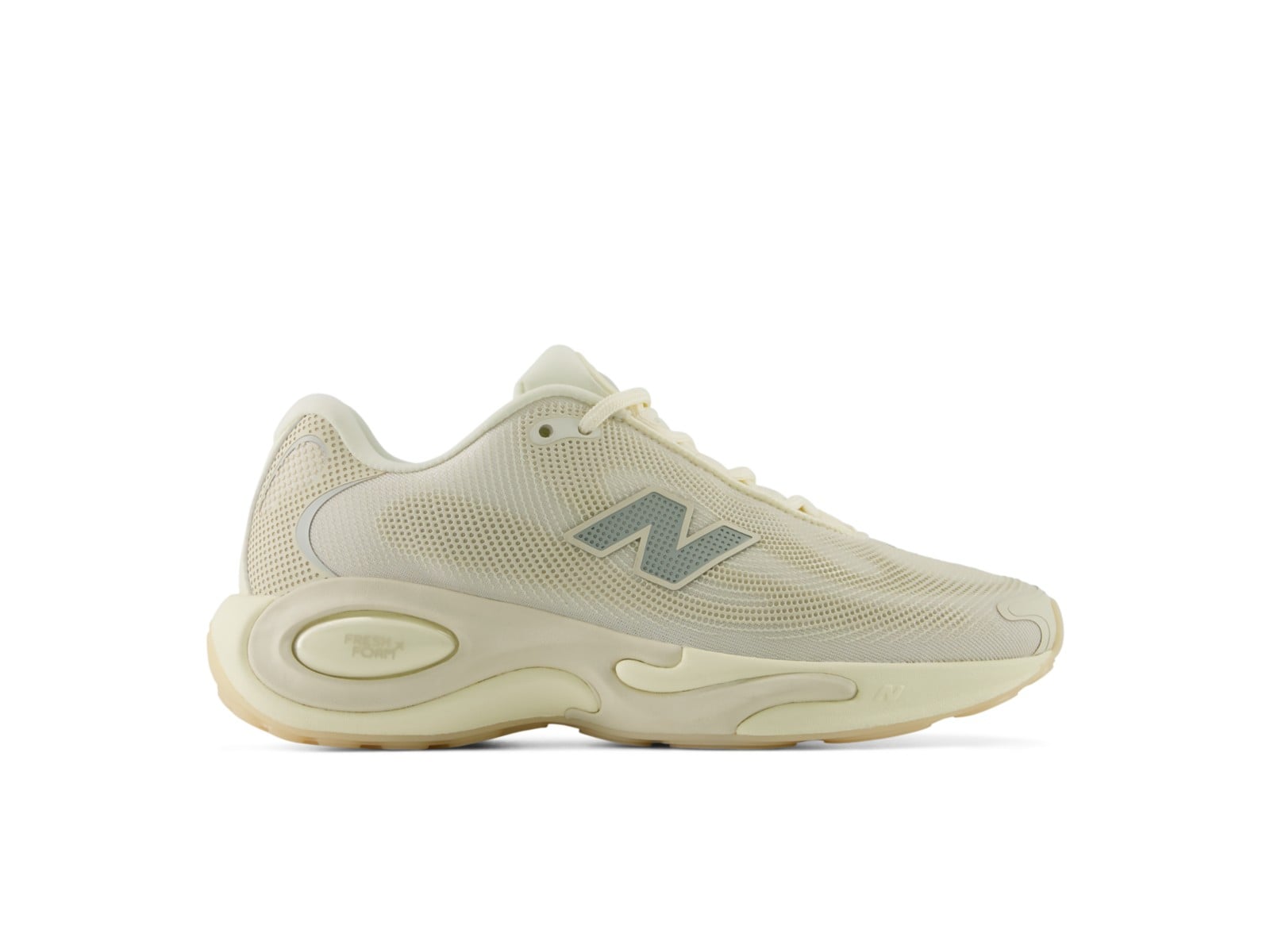 Lateral view of the New Balance AC Runner Angora, cream micro-dot mesh with a grey-blue N logo and tonal midsole