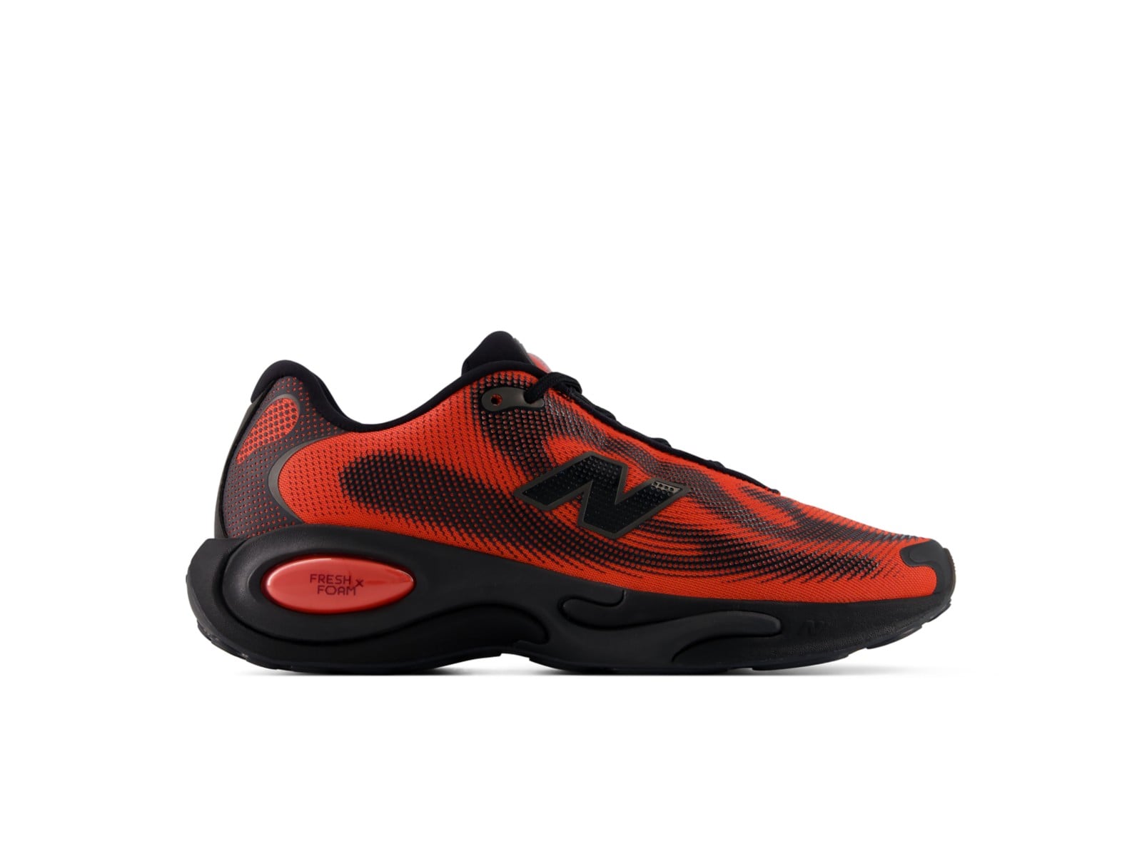Lateral view of the men's AC Runner in red and black, fiery wave-print mesh with a red Fresh Foam X pill
