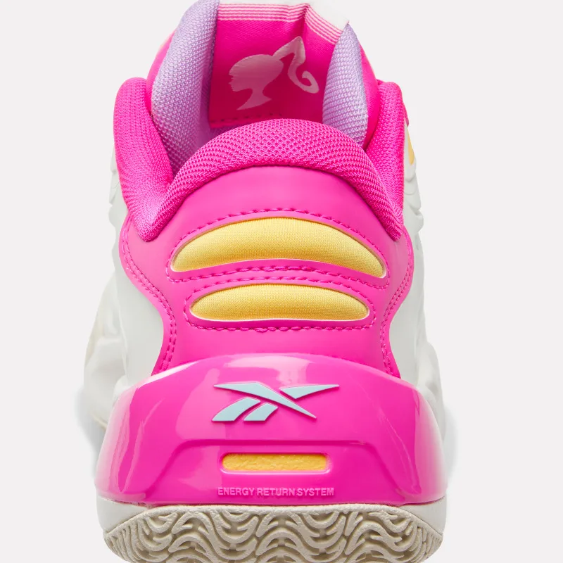 Heel detail with the pink Barbie head silhouette and a light-blue Reebok vector over Energy Return System text
