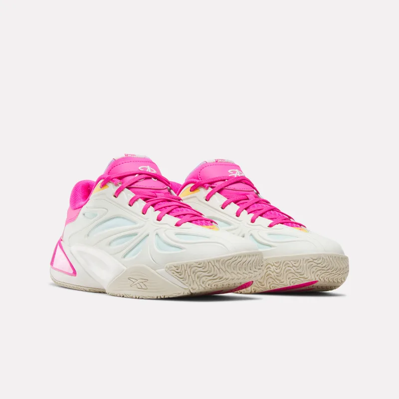 Front three-quarter view of the Angel Reese 1 'Barbie' pair showing the mint webbed midfoot and pink collars