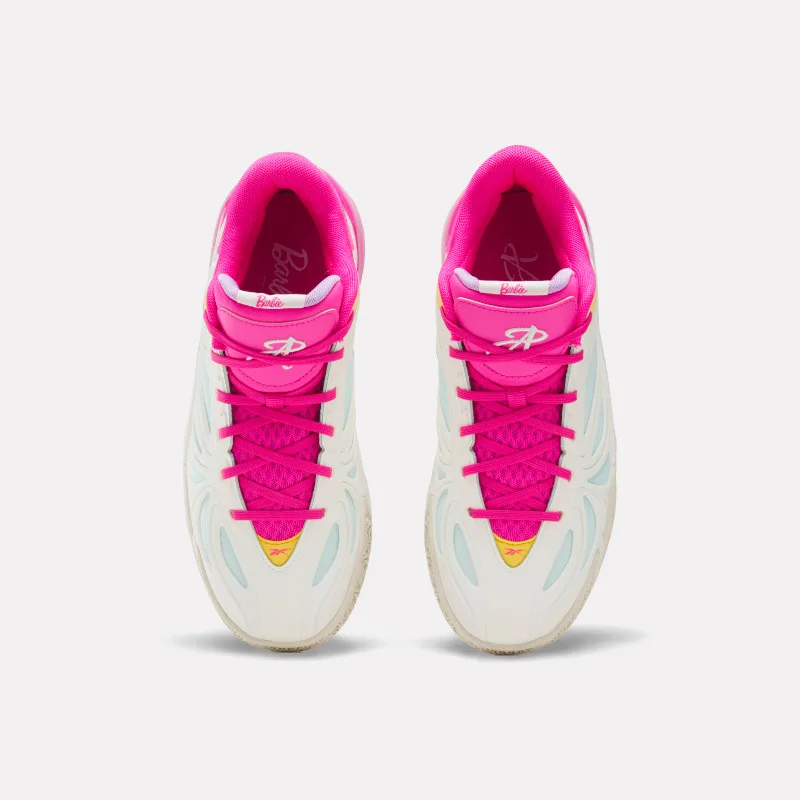 Top-down look at the pink laces, magenta tongues, and Barbie script on the Angel Reese basketball shoes