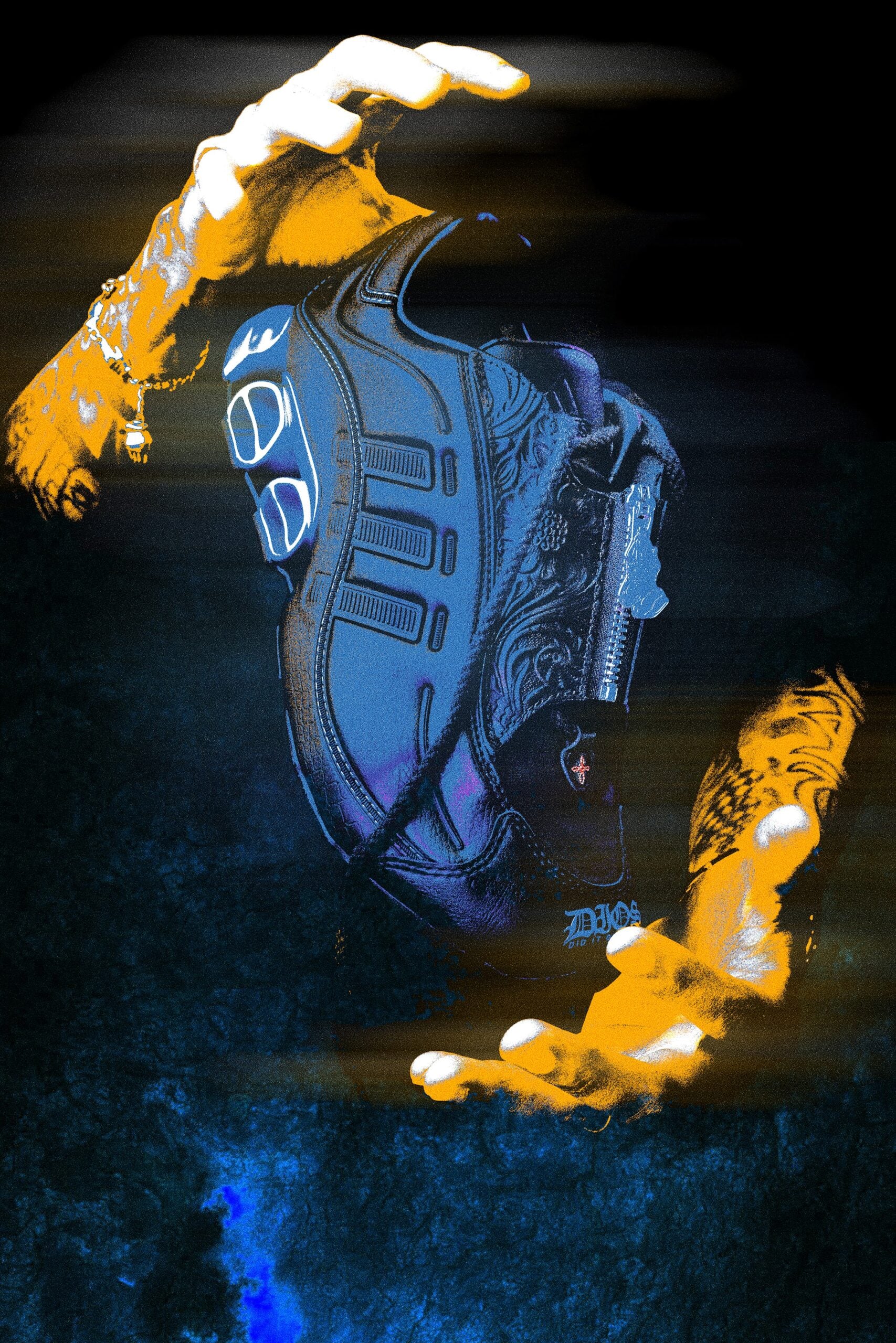 duotone edited shot, hands holding shoe by medial zip pull and tooled leather panel, DIOS Megaride 01