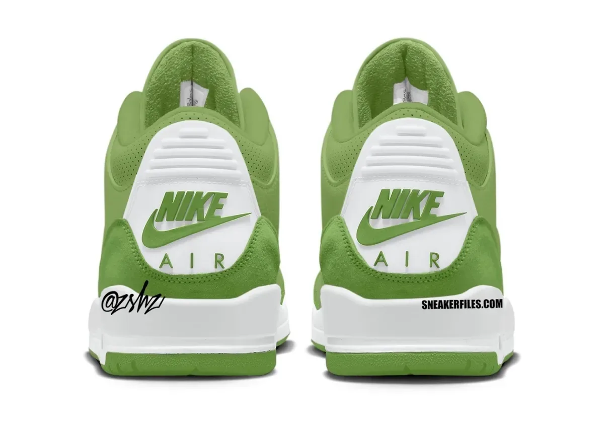 heel view pair, all-green suede upper with white heel tab and Nike Air logo, Matcha