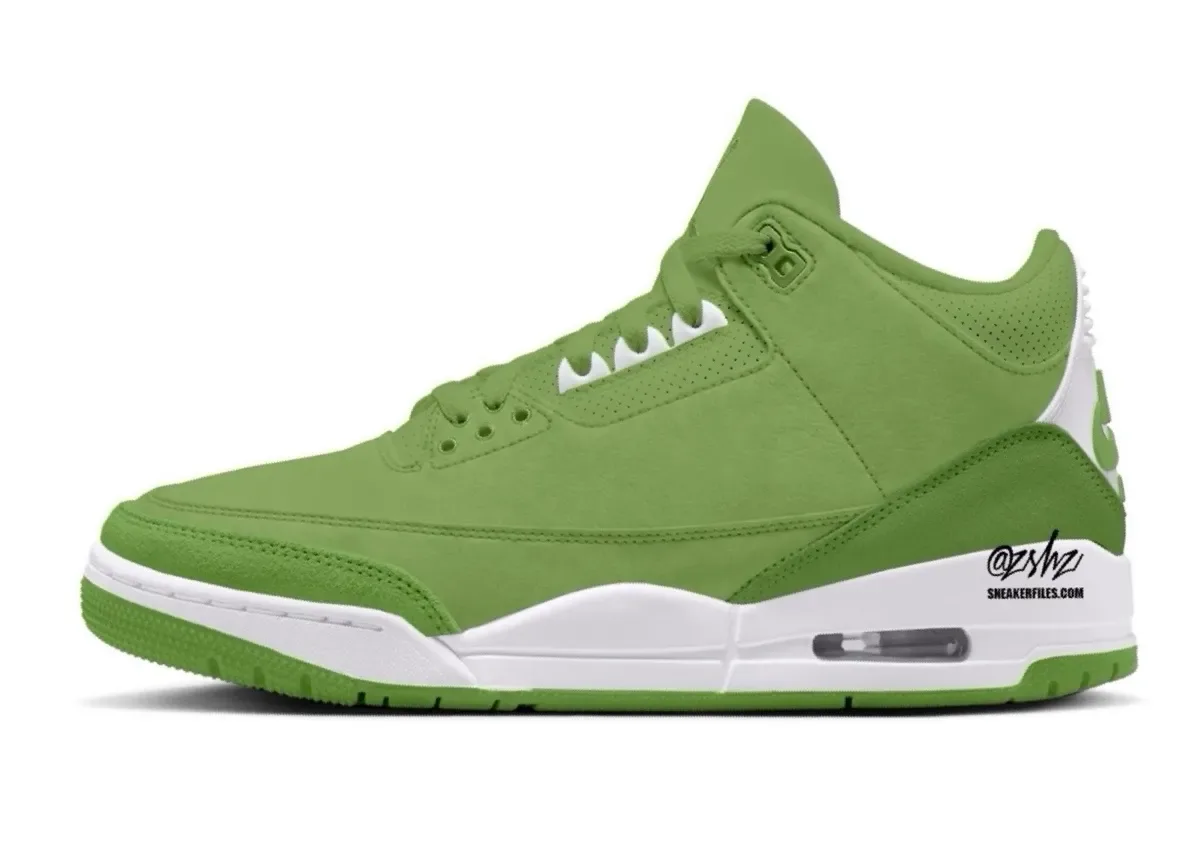 lateral view, all-green suede upper with white midsole and elephant print heel, Matcha
