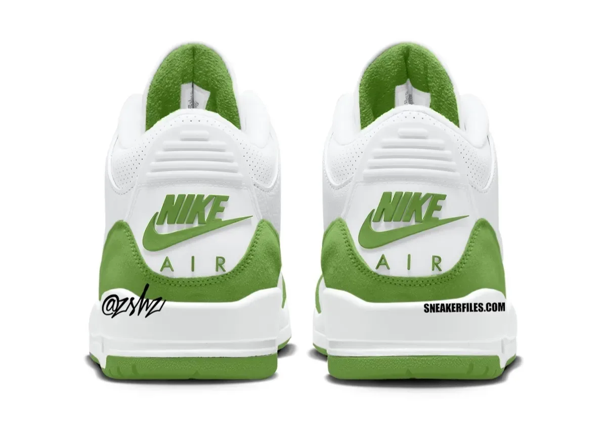 heel view pair, white upper with green suede mudguard and Nike Air branding, Air Jordan 3 “Matcha” Pack
