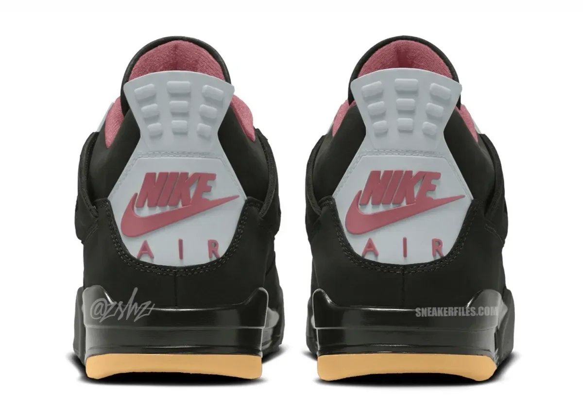 heel view pair, black nubuck with pink nike air branding and gum outsole, The Whitaker Group x Air Jordan 4