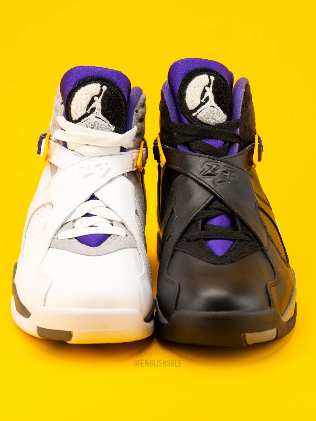 front toe view of pair, purple tongues with white jumpman patches, Bryant PE Pack