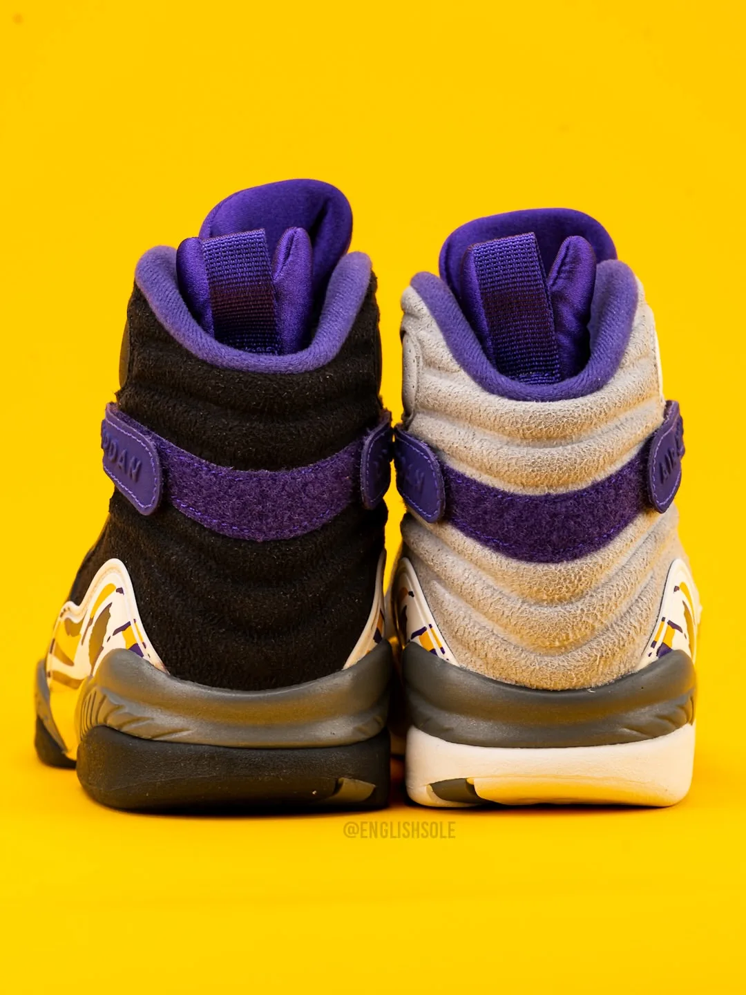 heel view of pair, black and grey/white uppers with purple straps, Bryant PE Pack