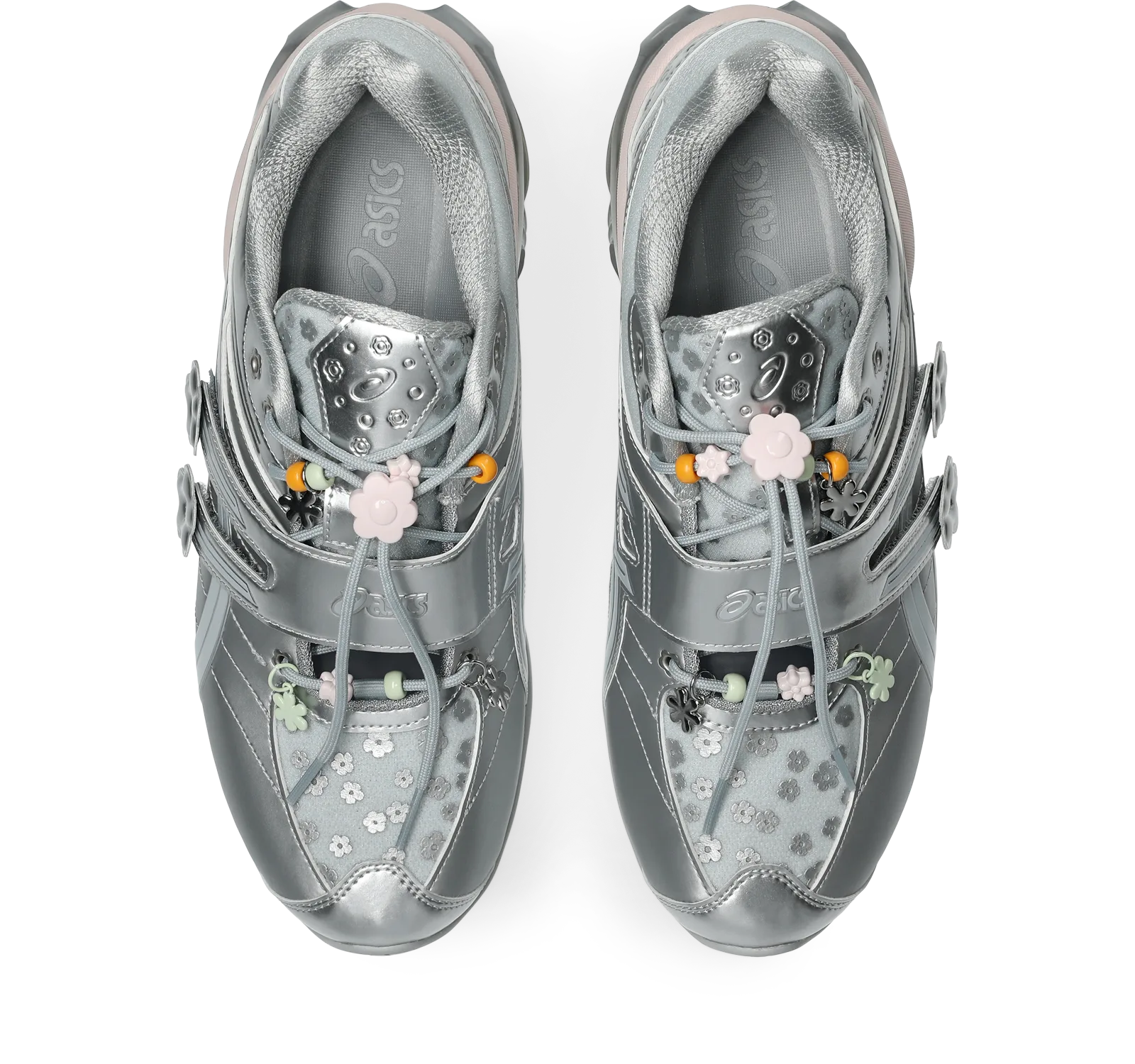 top-down pair, silver mesh uppers with floral charms and pink lace beads, ASICS GEL-Kinetic FR