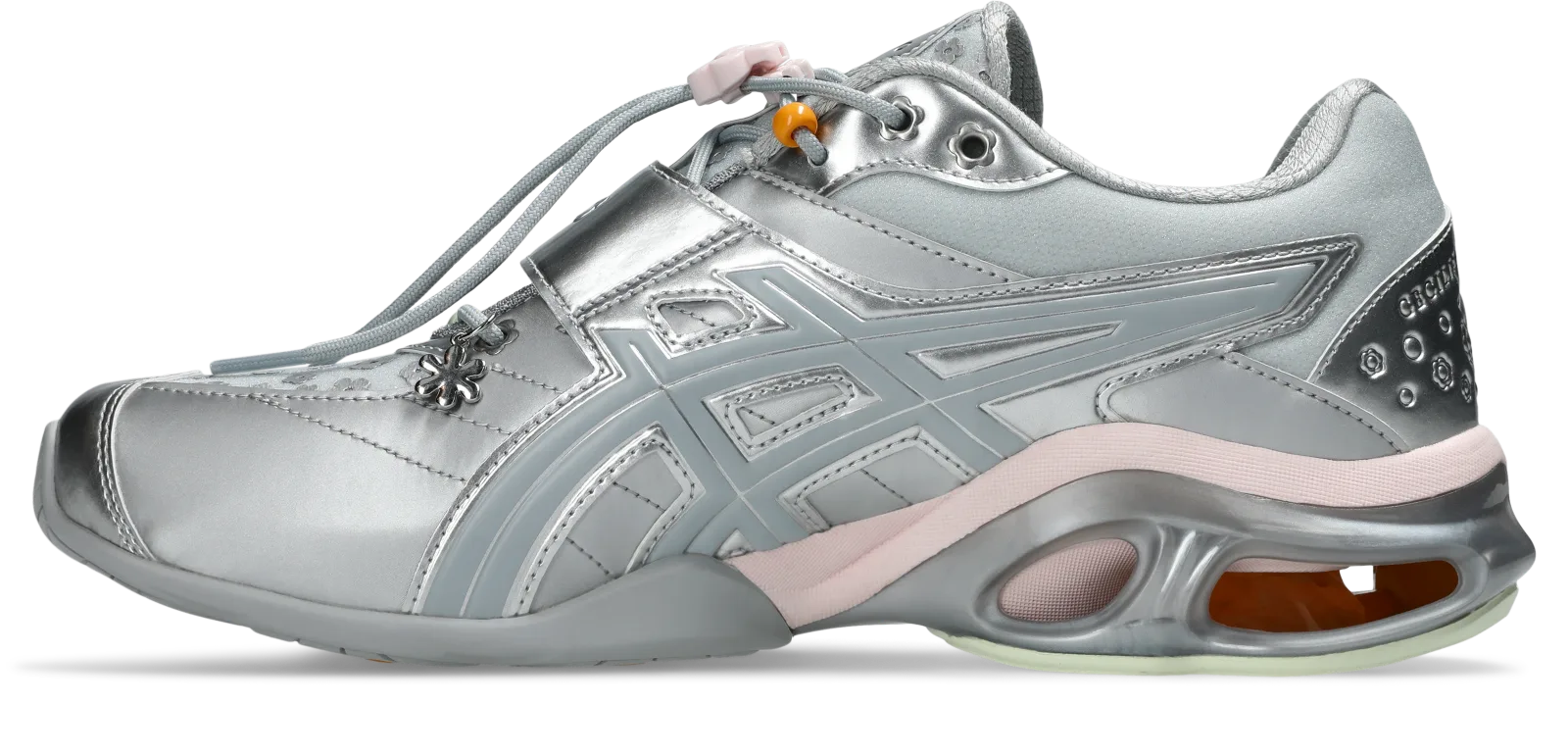 lateral view, silver upper with grey overlay stripes and pink midsole trim, ASICS GEL-Kinetic FR