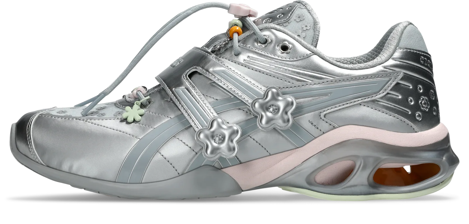 lateral view, silver upper with floral lace charms and mint-green outsole edge, ASICS GEL-Kinetic FR