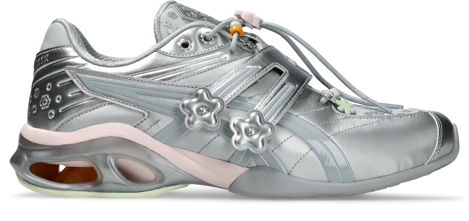 lateral view, silver upper with floral toggle charms and pink midsole wave, ASICS GEL-Kinetic FR