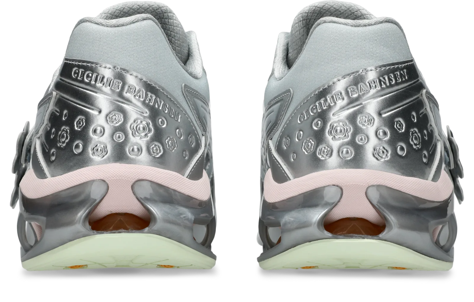 heel view, pair, silver counters embossed Cecilie Bahnsen with floral studs, ASICS GEL-Kinetic FR