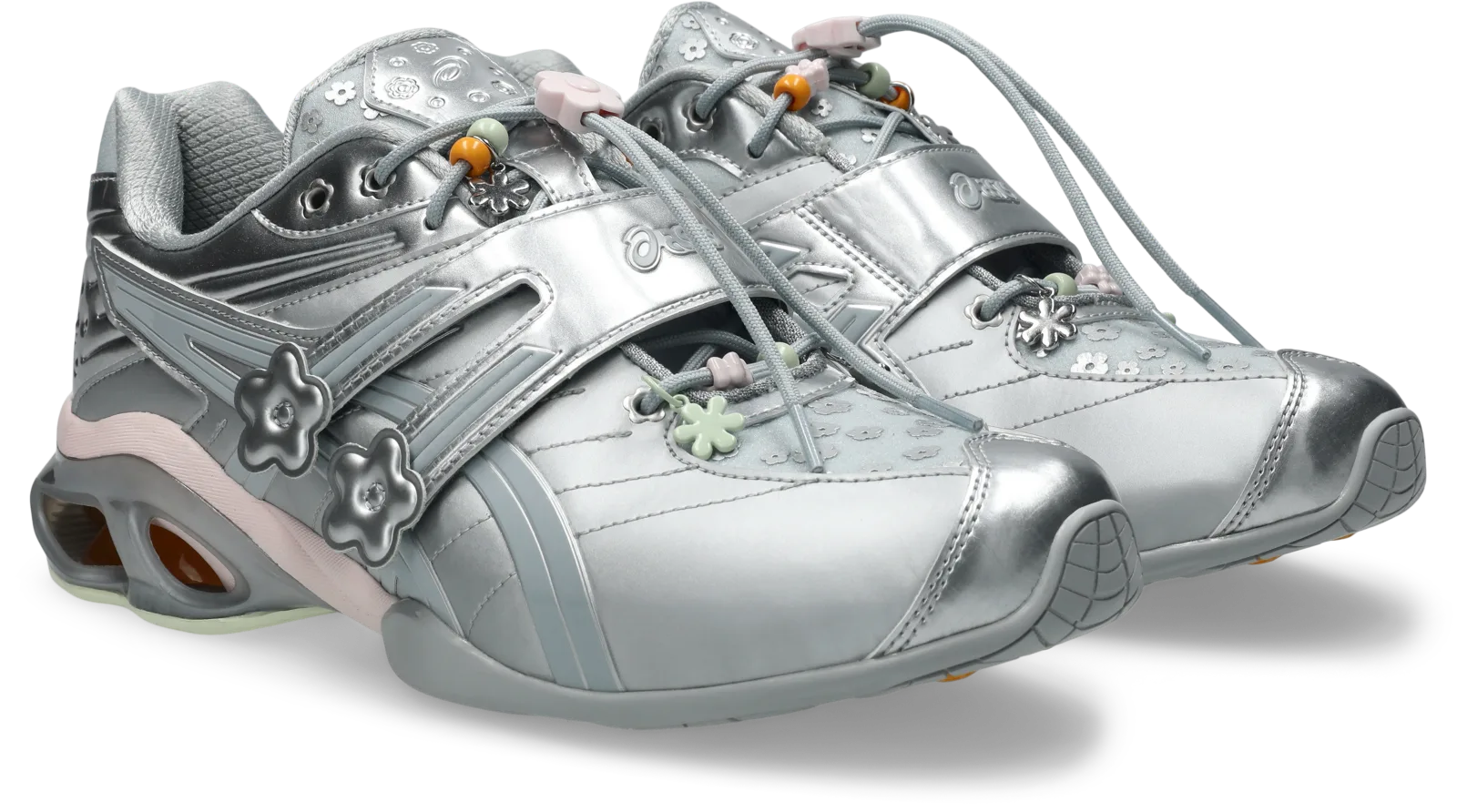 three-quarter pair, silver uppers with floral toggle charms and pink lace beads, ASICS GEL-Kinetic FR