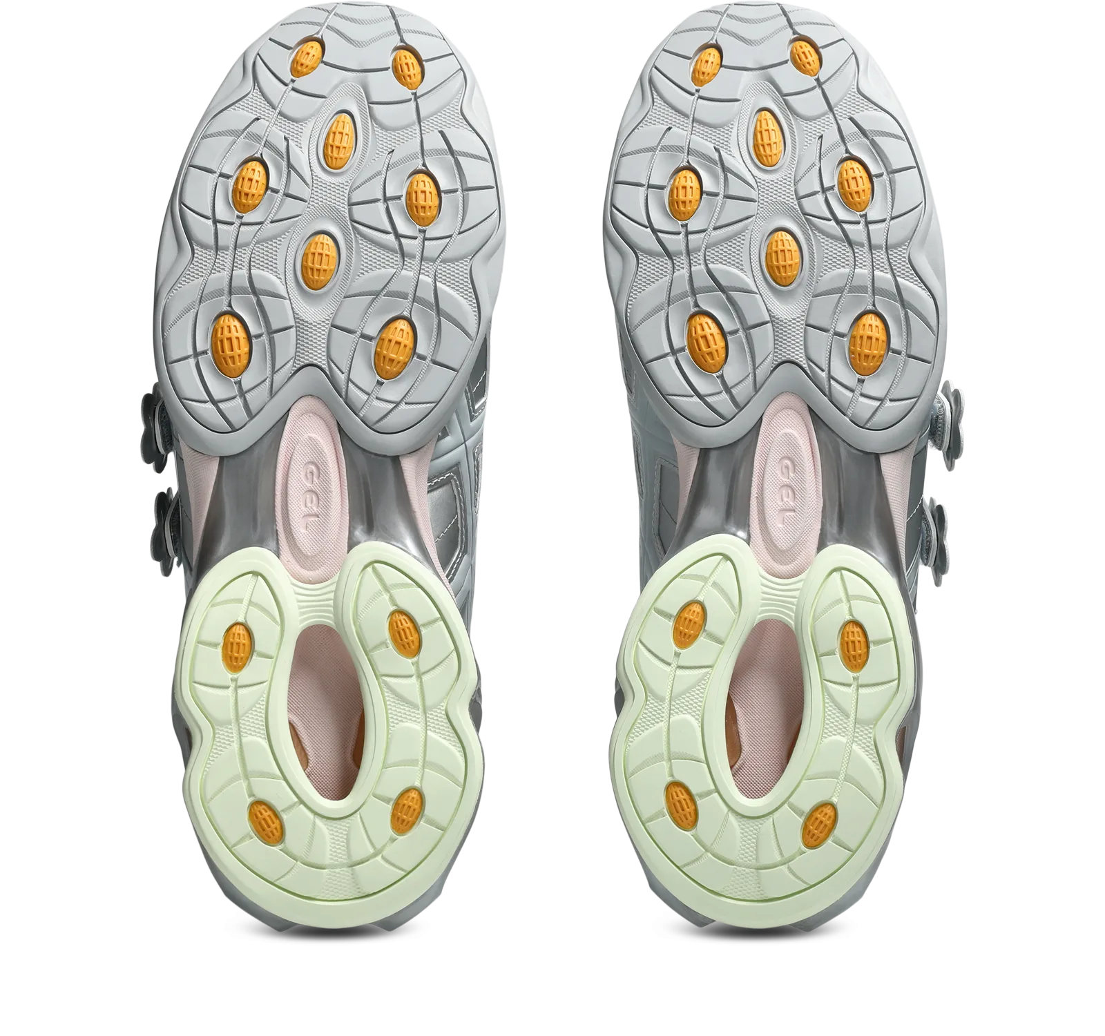 outsole view, pair, mint-green forefoot and grey heel treads with orange lugs, Cecilie Bahnsen x ASICS GEL-Kinetic FR