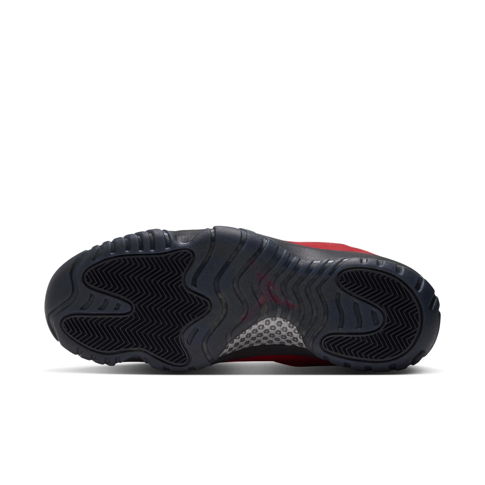 Outsole view showing black zigzag tread with red suede at the edges, Reverse Bred