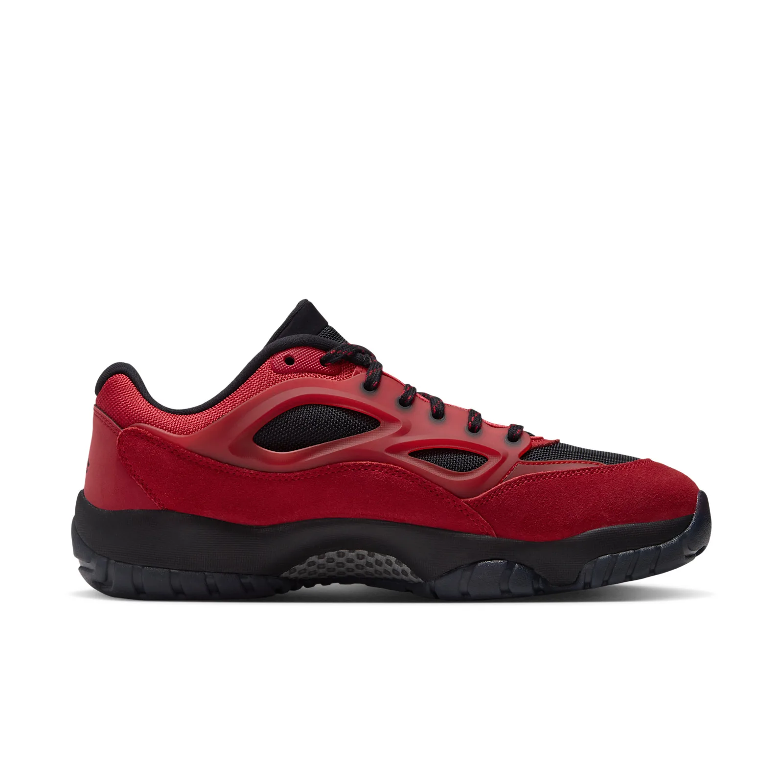 Medial view, red suede overlays over black mesh, black midsole, Reverse Bred