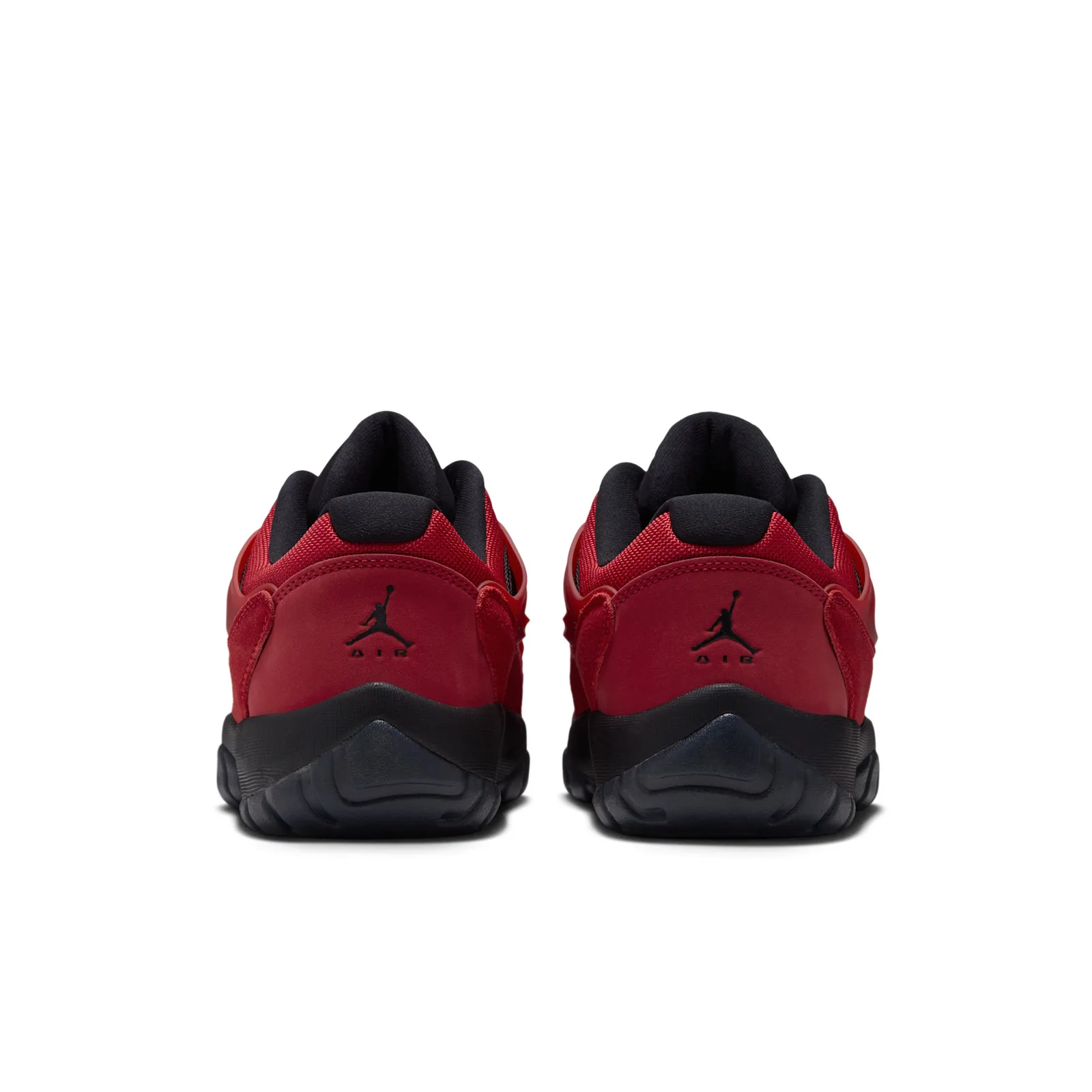 Pair heel view, black Jumpman and Air logo on red heel counters, Reverse Bred