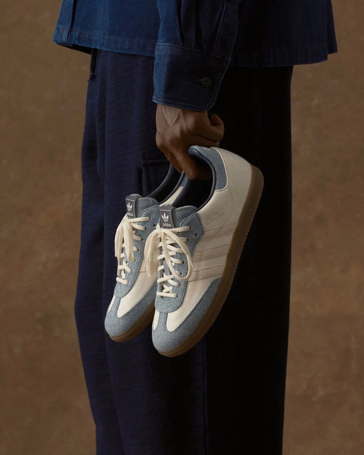 held pair, lateral view, denim blue and cream leather with gum sole, Denim