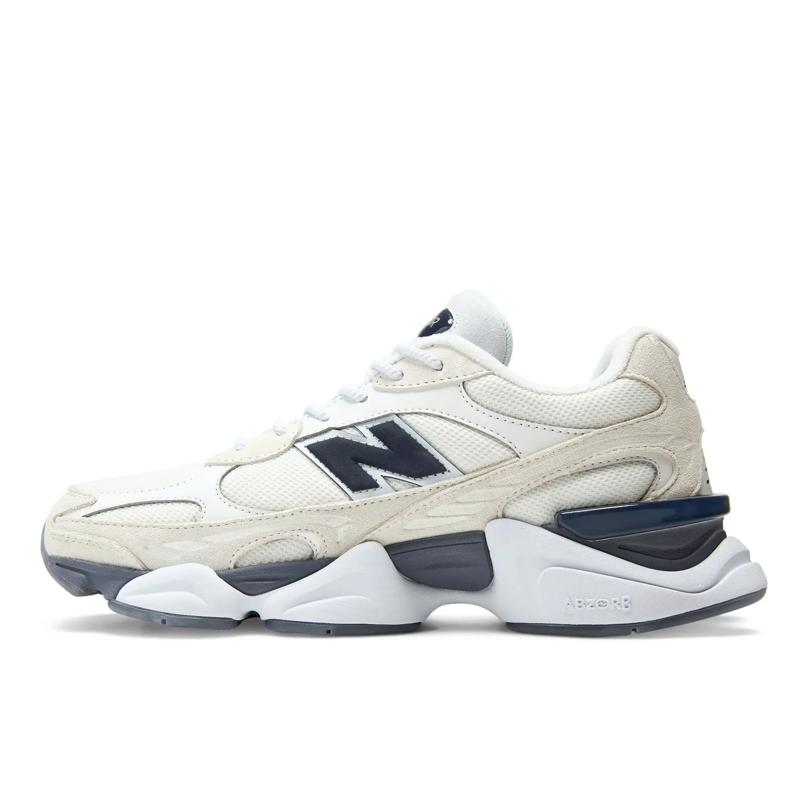 lateral side profile, white and grey mesh with navy N logo and ABZORB midsole text, New Balance 9060R