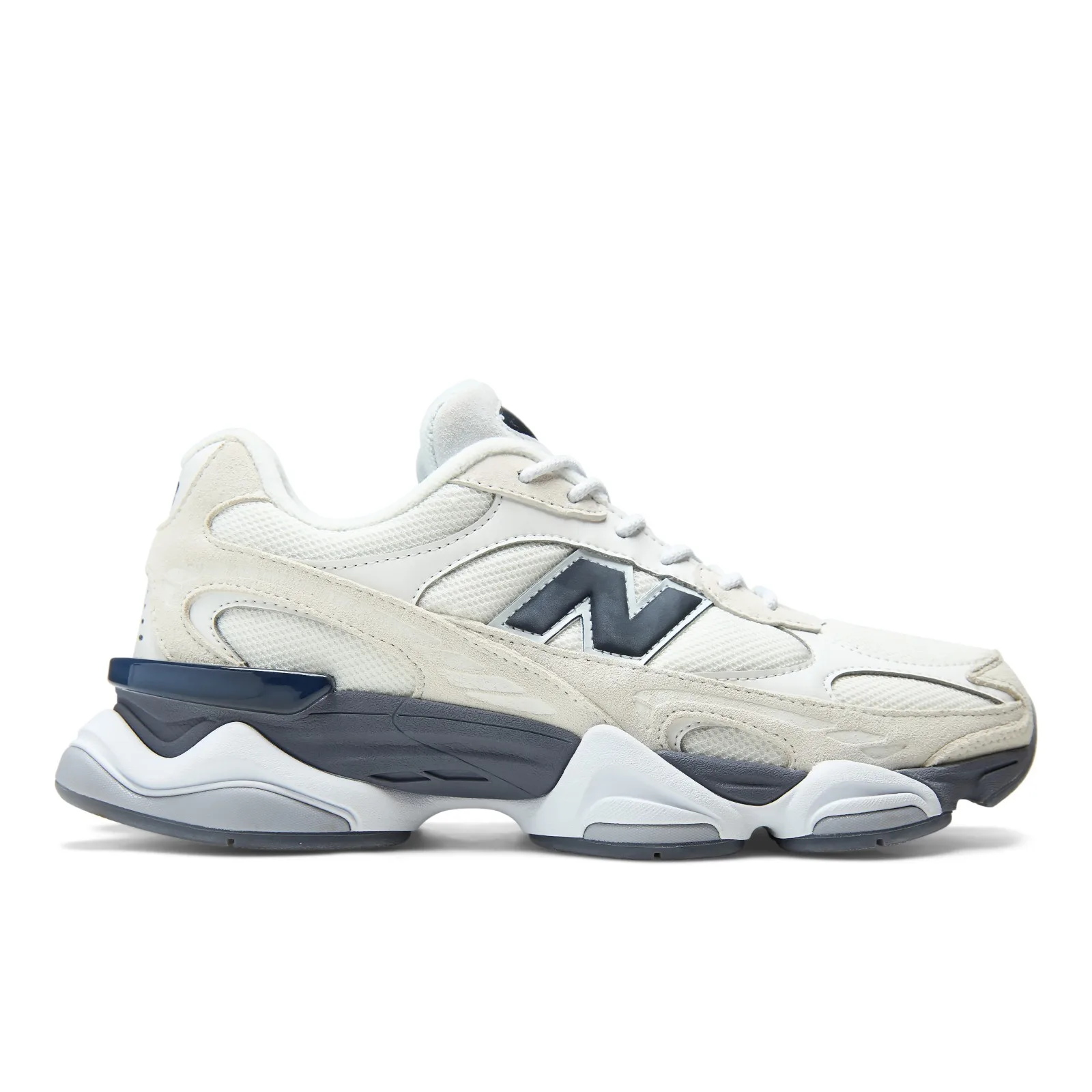 lateral side profile, white mesh and suede with navy N logo and glossy navy heel clip, New Balance 9060R