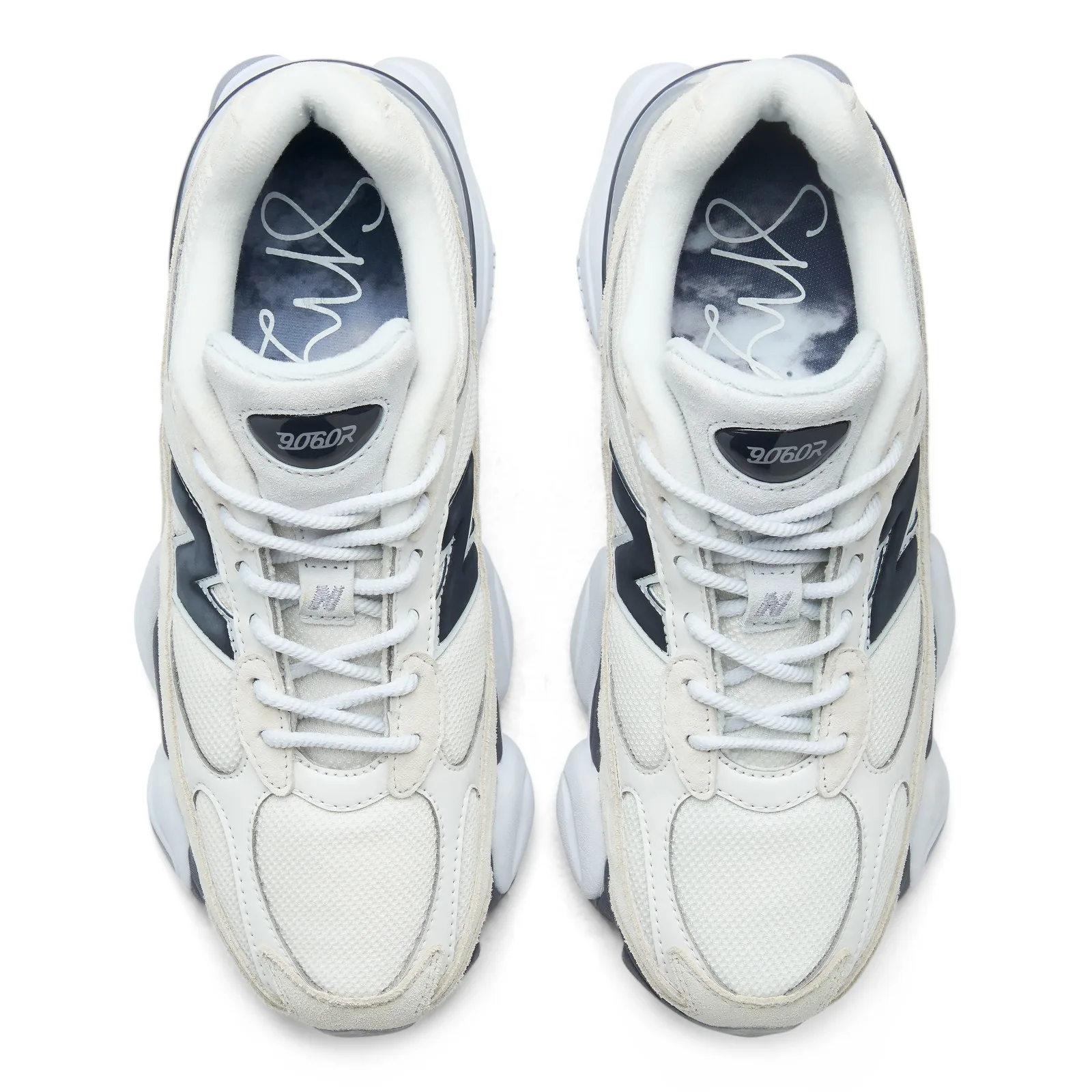 top-down pair, white and grey with navy 9060R tongue tab and cursive script on insole, New Balance 9060R