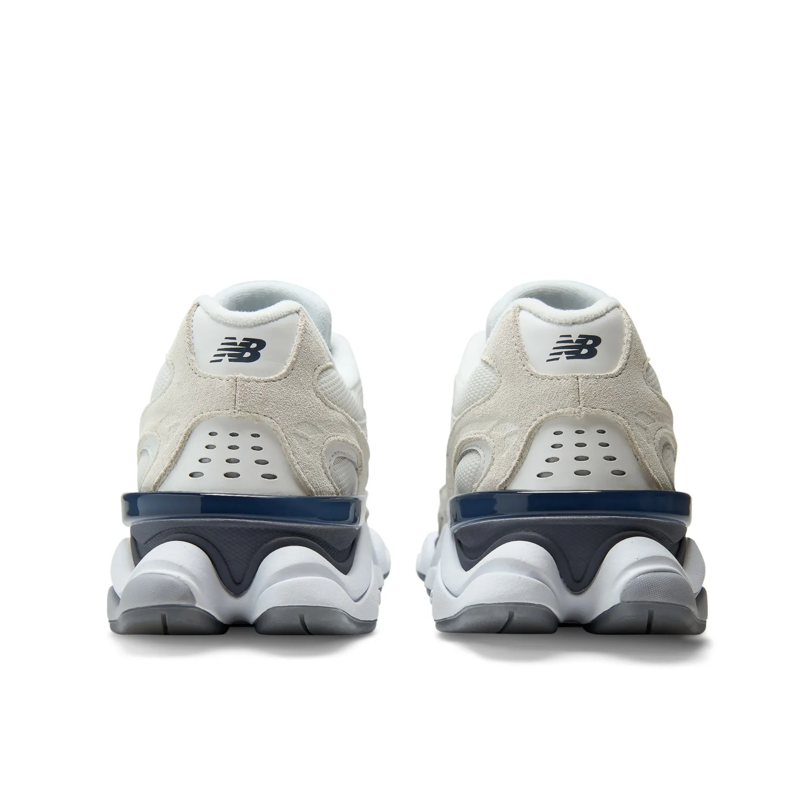 heel view of pair, off-white suede with navy heel clip and NB logo tabs, Sydney McLaughlin-Levrone x New Balance 9060R