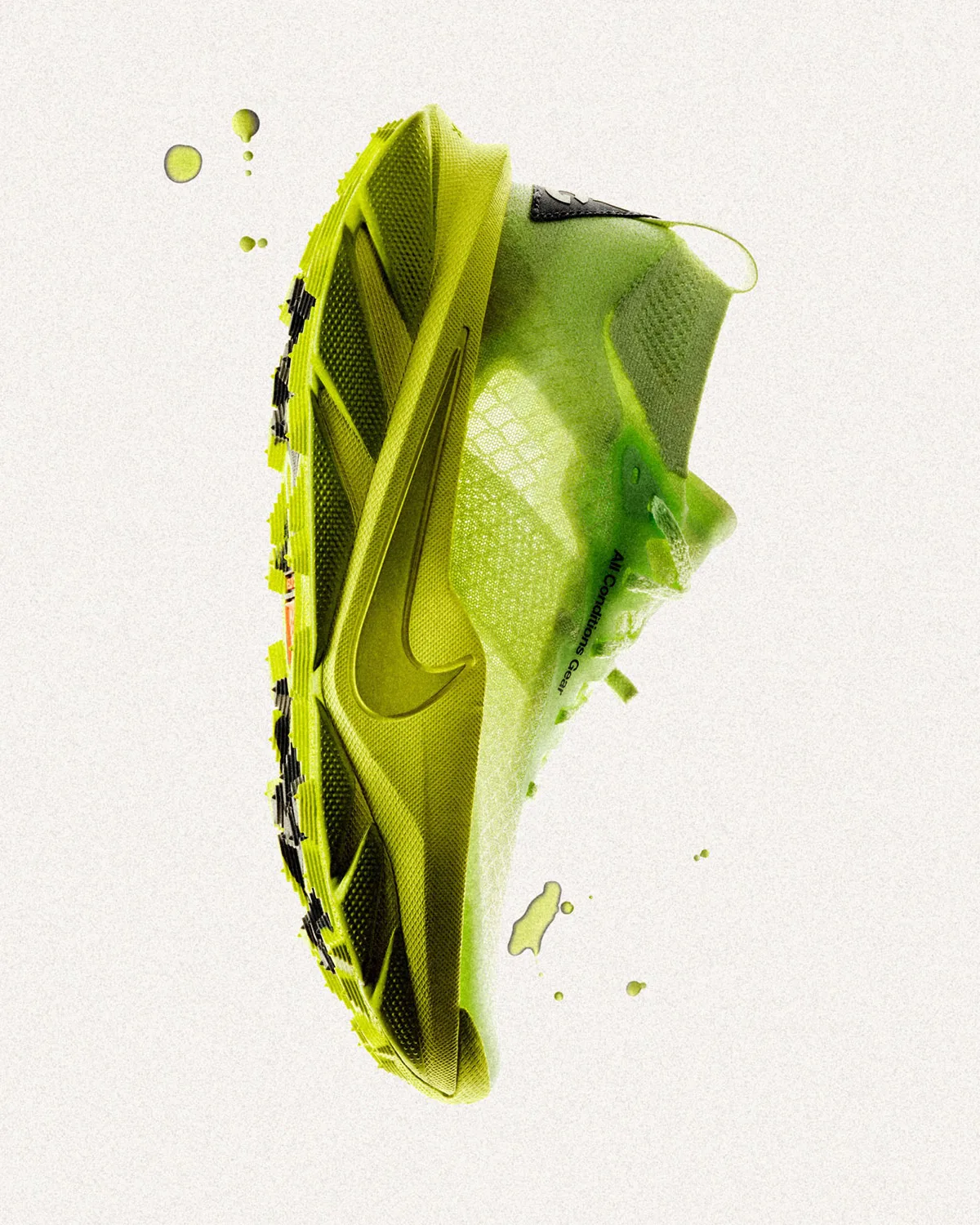 Lateral view, neon green upper with black heel tab and paint splatters, Nike ACG Picklejus