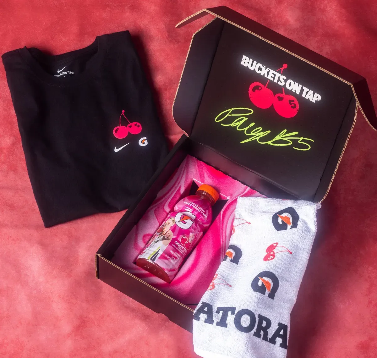 Gatorade 'Buckets on Tap' package with a Nike tee, a limited Shirley Temple Gatorade bottle, and a towel