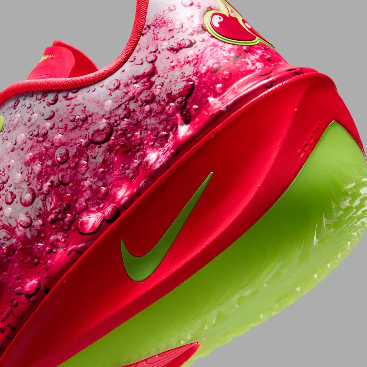 Macro detail of the soda-splash heel, red midsole, and translucent lime outsole on the Shirley Buckets release date pair