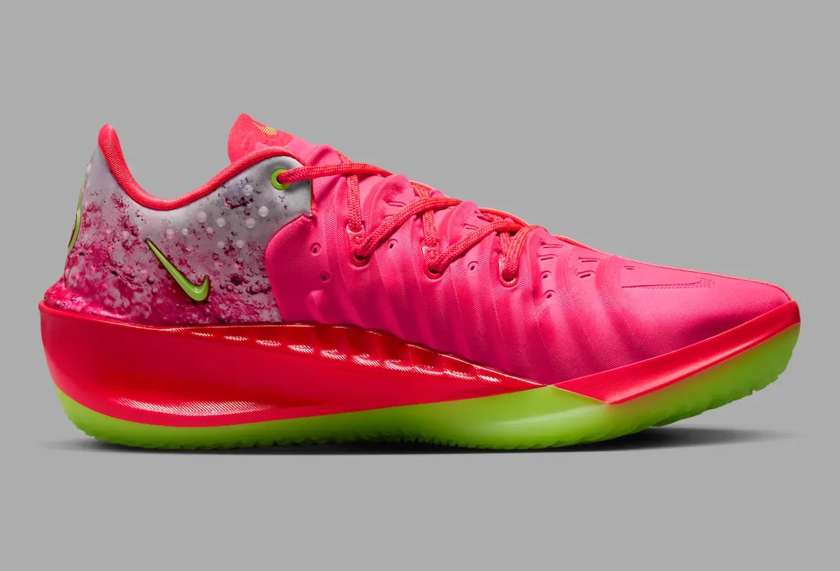 Medial side of the shoe in solid Laser Crimson with a tonal Swoosh and a silvery bubbled heel counter