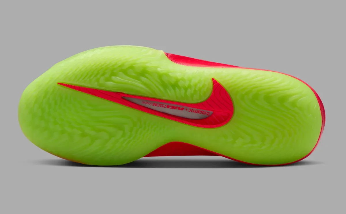Translucent lime ZoomX and Air Zoom Strobel outsole with a red Swoosh on the Nike GT Cut 4 Paige Bueckers PE