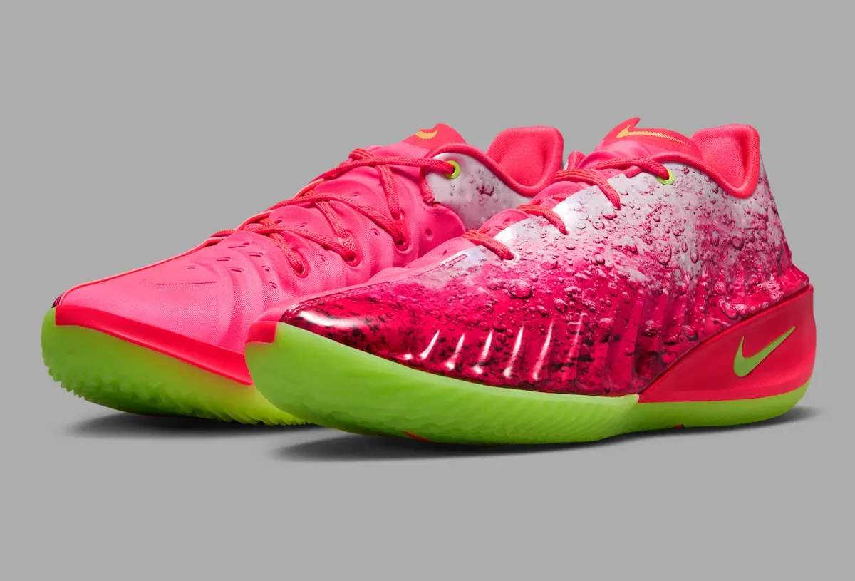 Front three-quarter view of the Paige Bueckers GT Cut 4 pair in Laser Crimson with lime-green soles