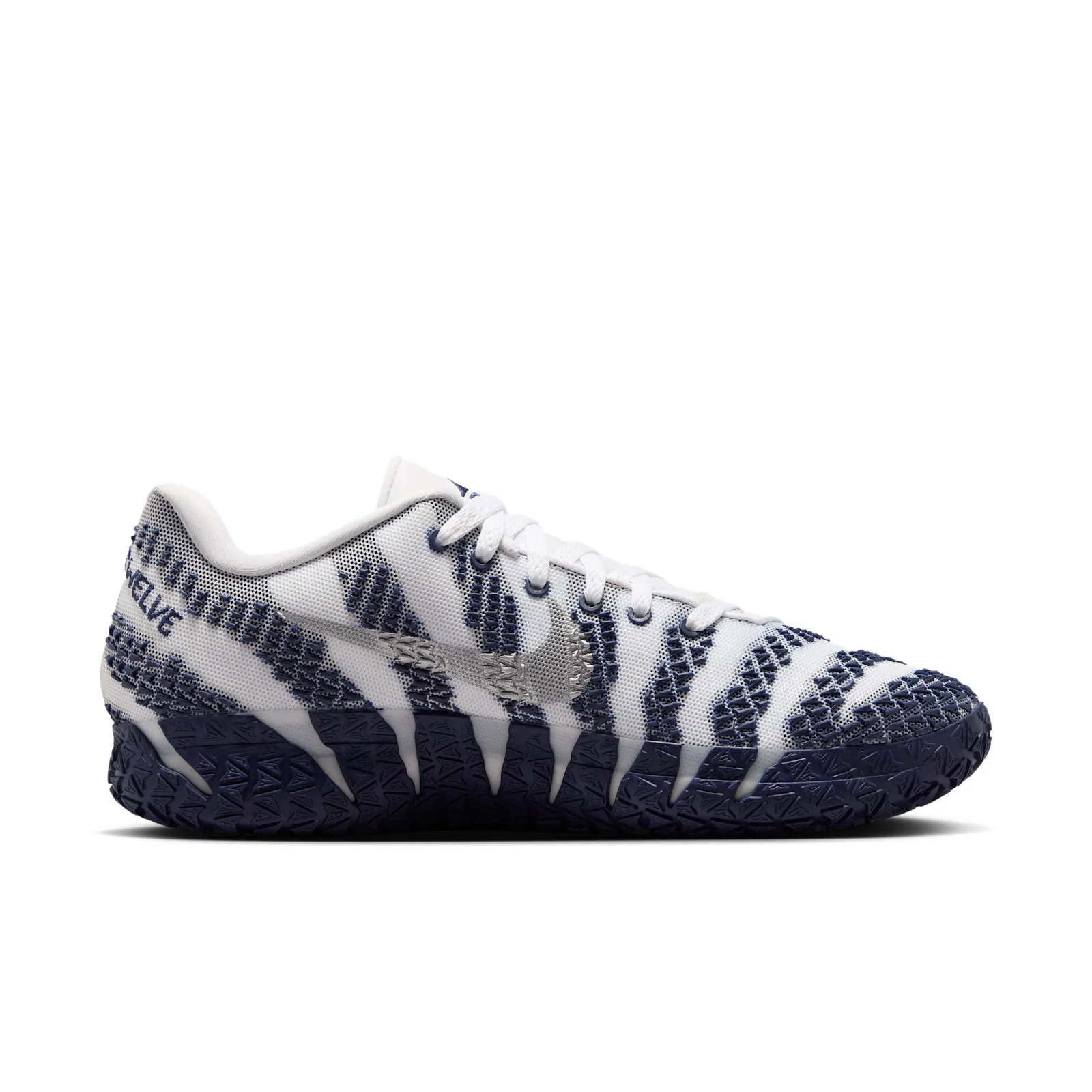 lateral view, white/navy zigzag upper with grey swoosh and TWELVE text, Midnight Navy