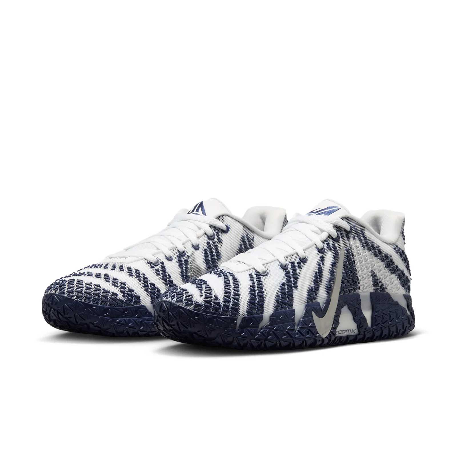 angled front view of pair, navy swoosh on toe and ZOOMX text on midsole, Midnight Navy