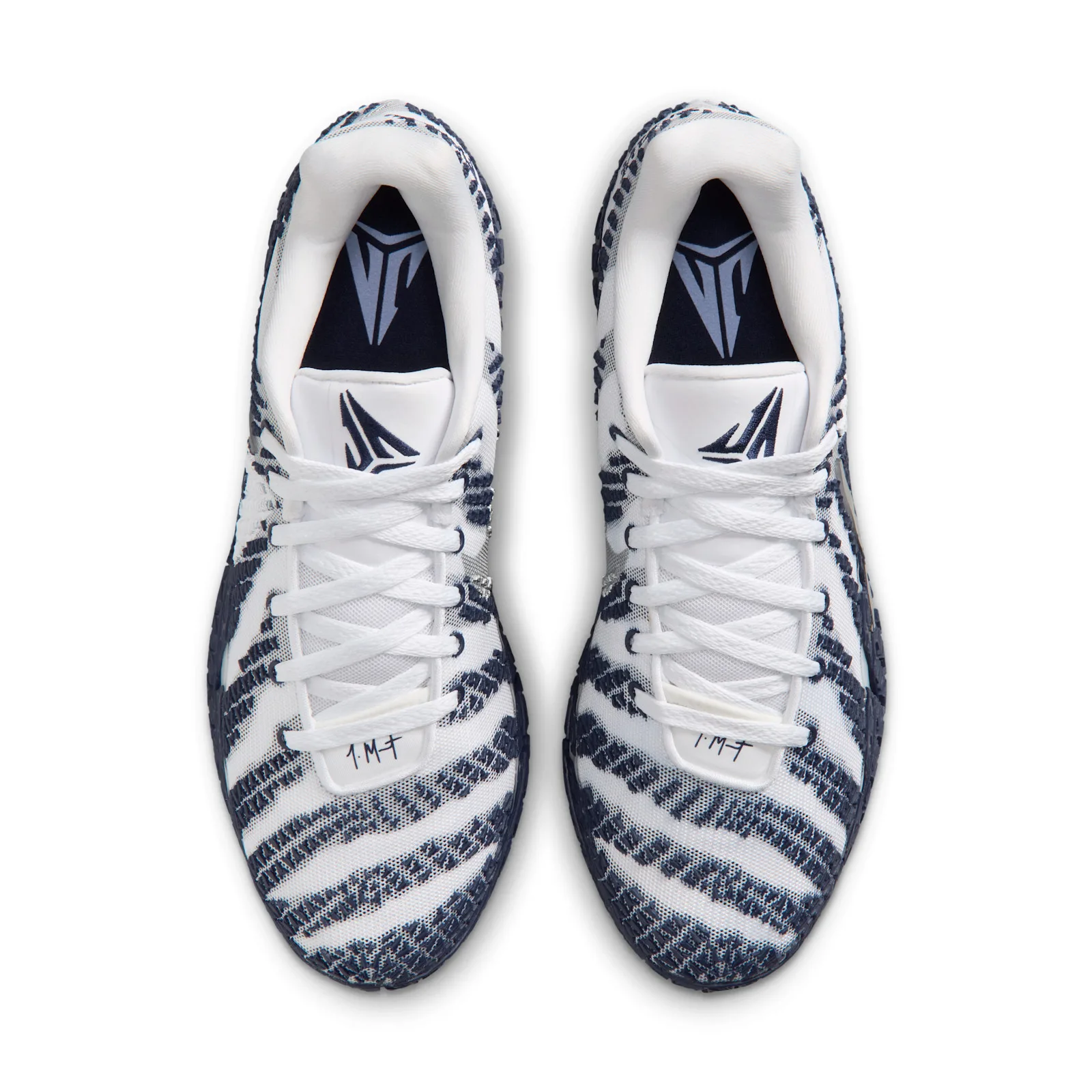 top-down view of pair with white laces and navy swoosh on tongue, Midnight Navy