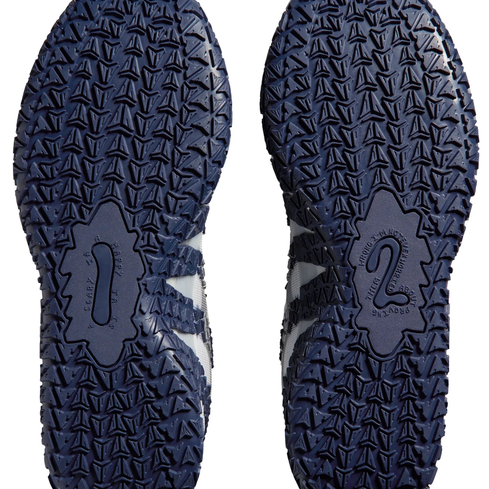 outsole close-up of pair with navy tread marked with small 1 and 2, Midnight Navy