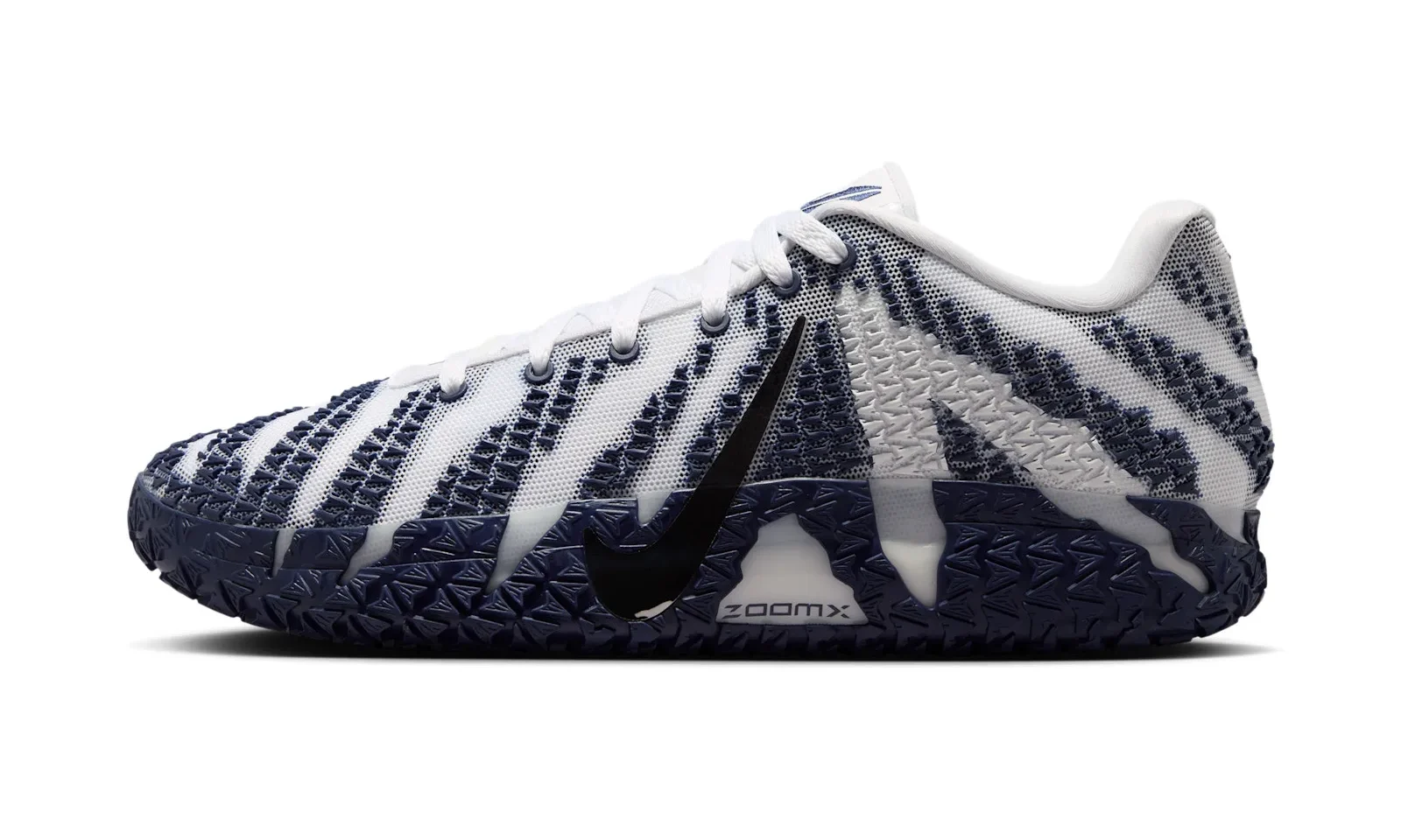 lateral view, white/navy zigzag knit upper with navy swoosh and ZOOMX text, Nike Ja 3 Team Bank “Midnight Navy”