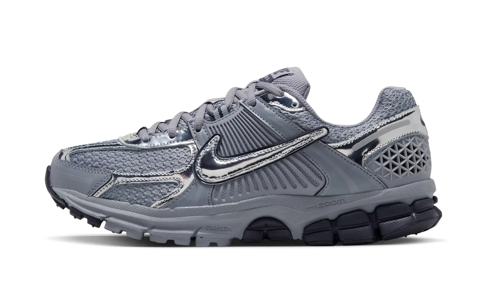 lateral side view, grey mesh upper with metallic silver swoosh overlay, Nike Zoom Vomero 5 “Gridiron”