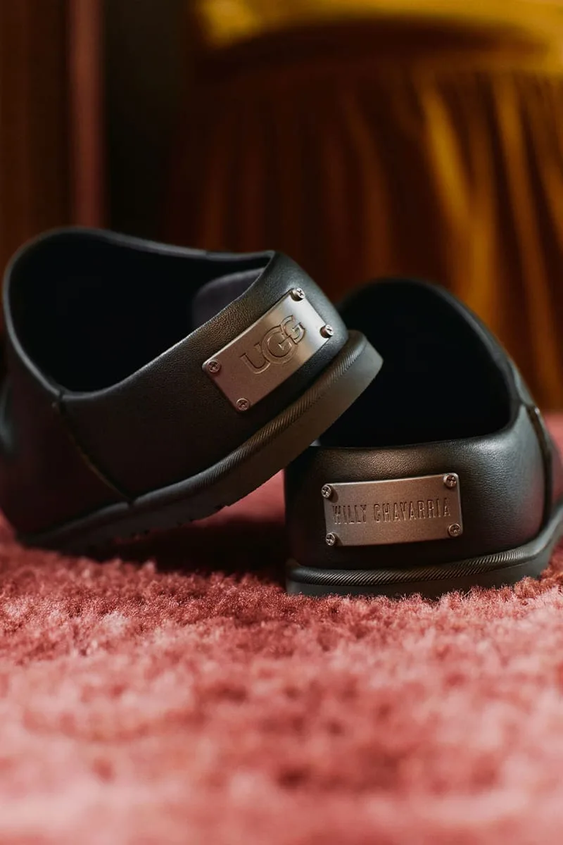 close-up branded heel plates reading UGG and Willy Chavarria on two mules, Willy Chavarria Collection