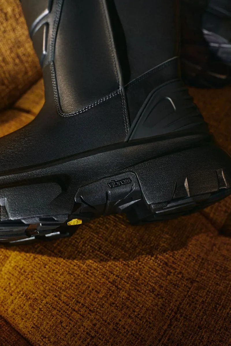 close-up outsole and heel tread showing Vibram branding and a yellow tab, Willy Chavarria Collection