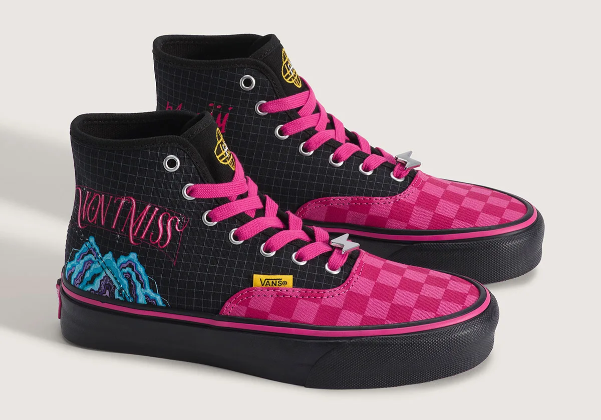 angled pair view, black/pink high-tops with checkerboard toe and mountain graphic, Demon Hunters Collection
