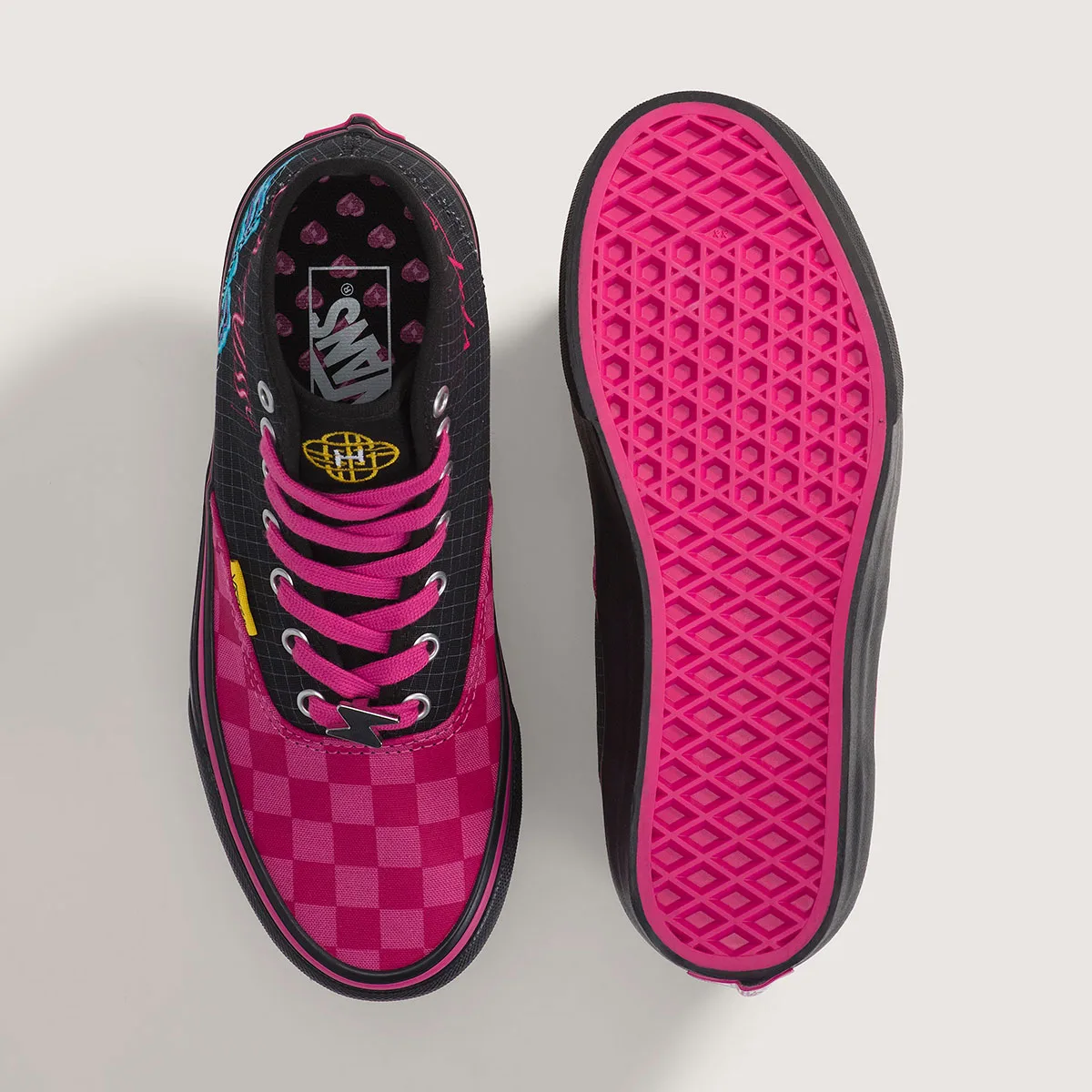 top-down pair with pink outsole, black grid upper, pink laces and heart-print insole, Demon Hunters Collection